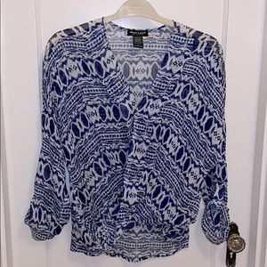 Blue tribal-pattern wrap blouse